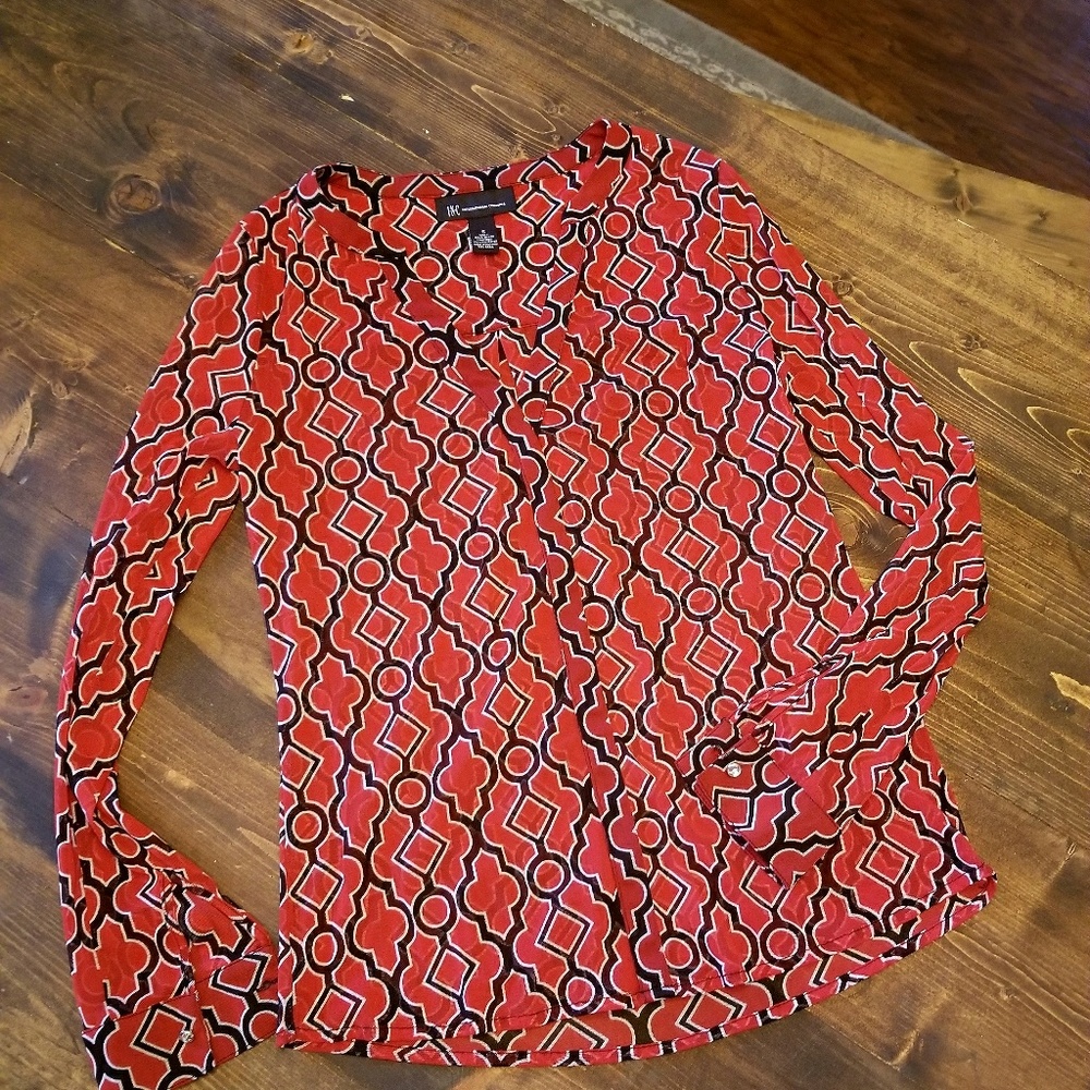 Sheer INC blouse with rhinestone button sleeves